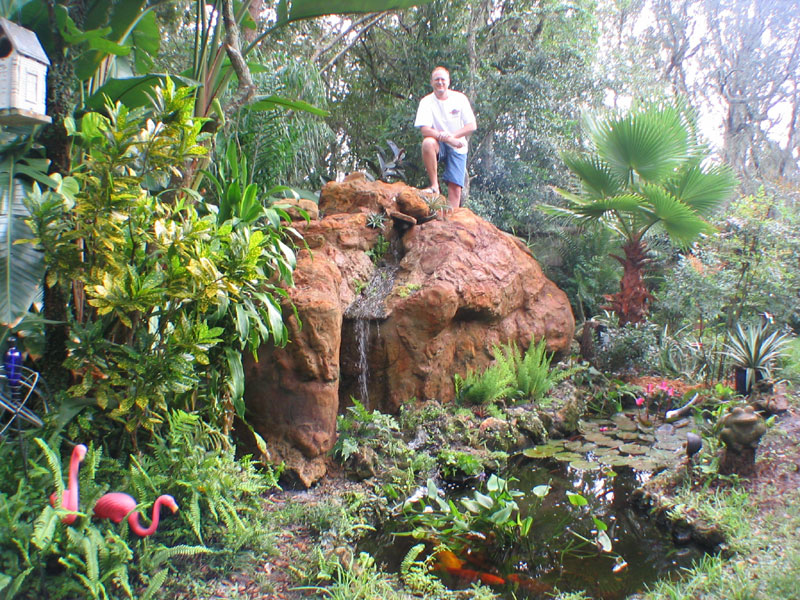 Waterfall cascading into Koi pond